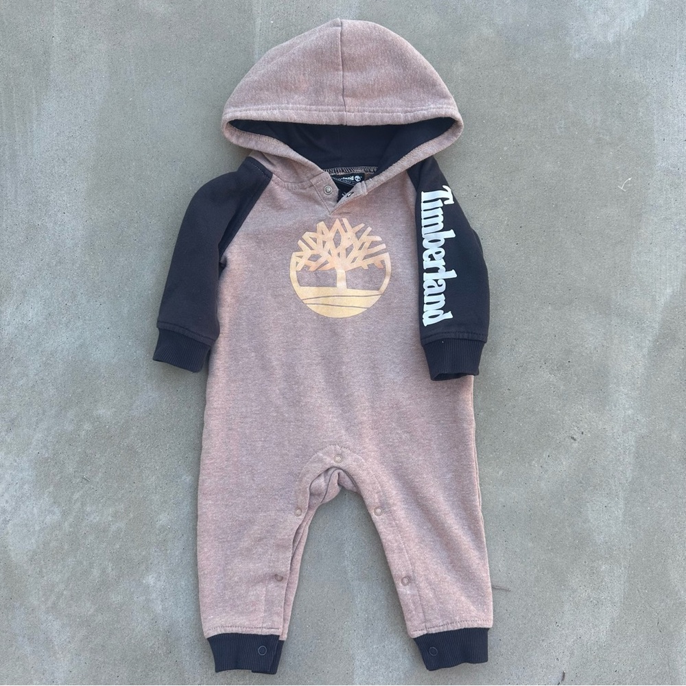 Timberland Toddler Hooded Logo Romper in Brown and Black